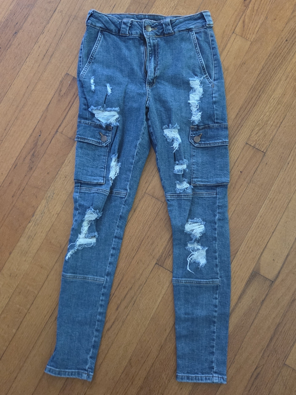 Fashion Nova Blue Distressed Cargo Skinny Jeans